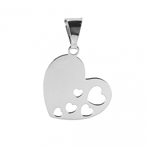 Ciondolino a forma di cuore con cuoricini traforati con incisioni personalizzabili, in argento 925 rodiato.